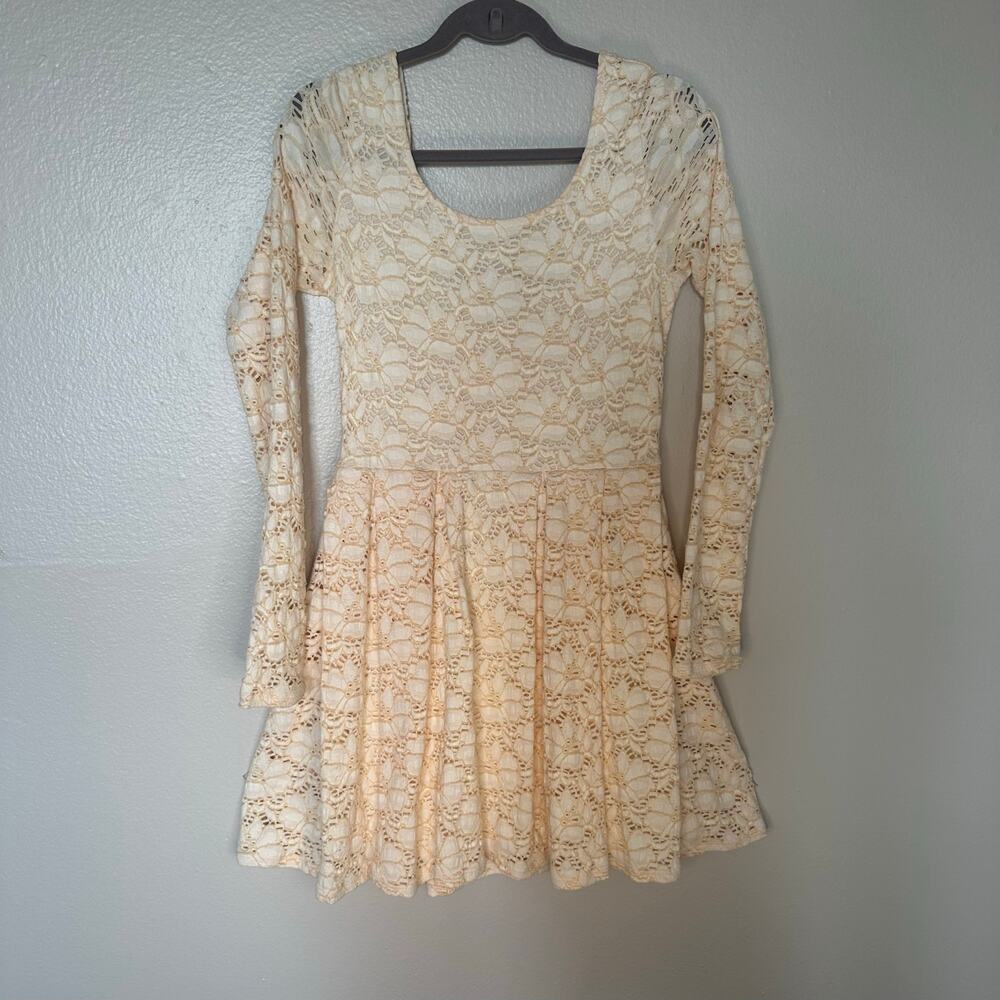 Free People Rose Garden Lace Skater Dress Cream Long Sleeve Scoop Neck S
